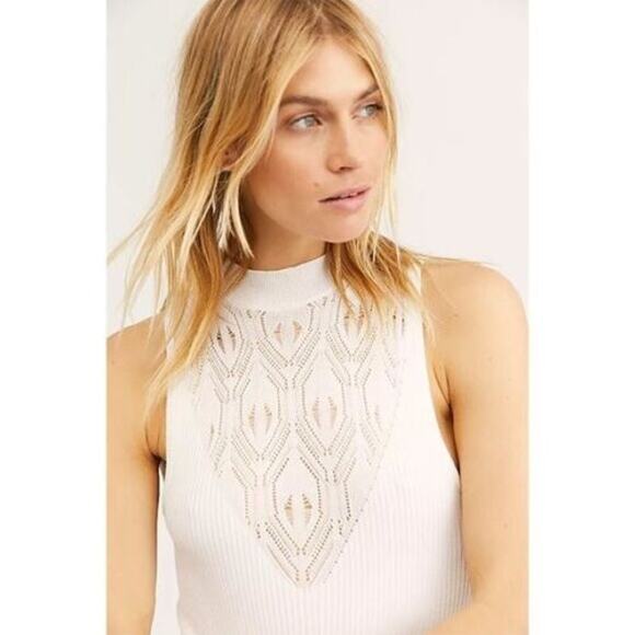 Free People Small S White On Point Bodysuit Sleeveless Knit Ribbed Mock Neck - Picture 14 of 14